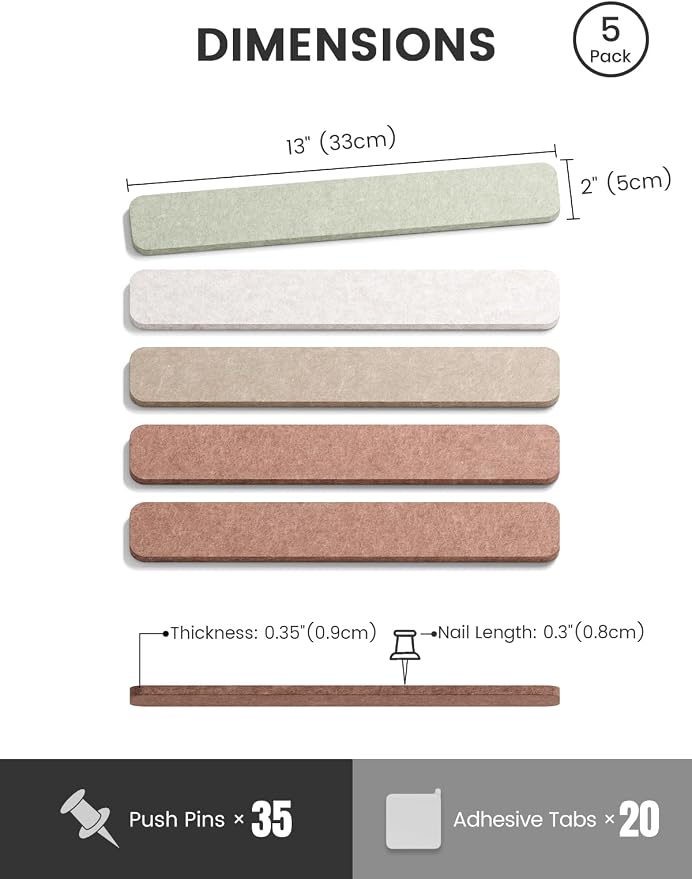 Fluxynara 13" x 2" Felt Wall Panels, Boho | 5-Pack Cork Board Alternative with 35 Push Pins, Adhesive Mounting for Bedroom Door or Home Office - Image 2