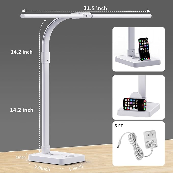 GAEFURY LED Desk Lamp for Home Office, 24W Bright Desk Lamp with Phone Holder Base - 25 Lighting Modes Eye-Caring Desk Light Adjustable Gooseneck Lamp for Workbench Drafting Reading Study-White - Image 3