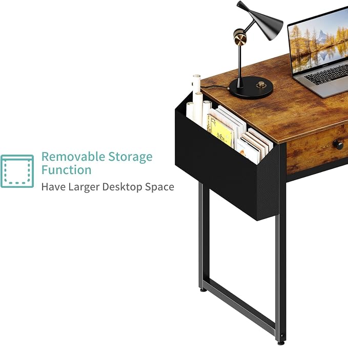 Lufeiya 40 Inch Desk with Drawers for Bedroom - 39 Inch Home Office Desks with 3 Fabric Storage Drawer and Pocket, Study Writing Table Rustic Computer Desk, Vintage Brown - Image 8