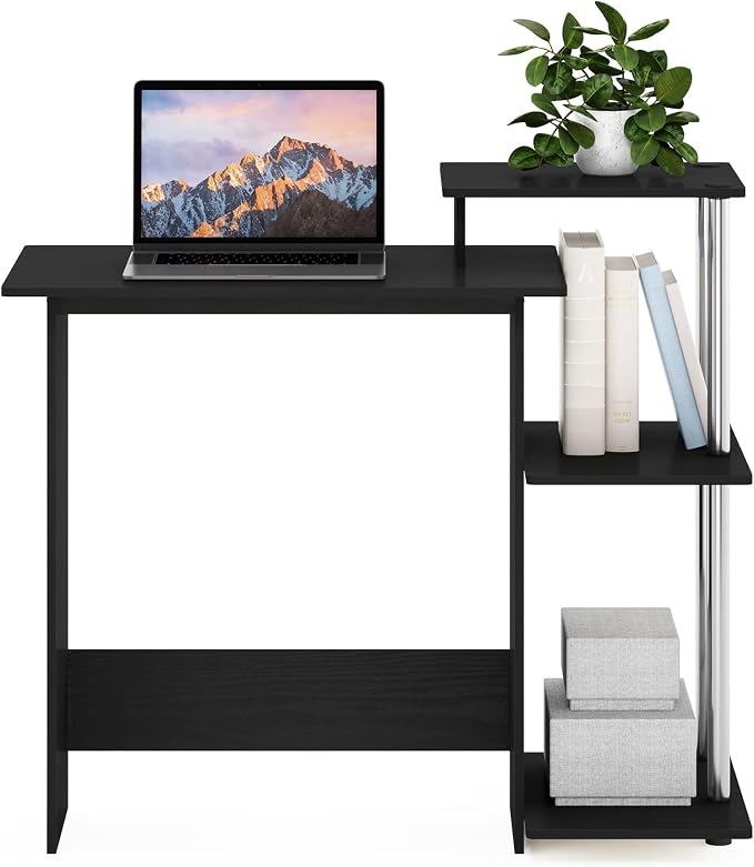 Furinno EFFICIENT Desk, 28.6" Wide Gaming Desk with 3 Open Side Shelves, Laptop Notebook Computer Desk, Office Desk for Home Office, Study Room, Dorm, Bedroom, Americano/Stainless Steel - Image 4