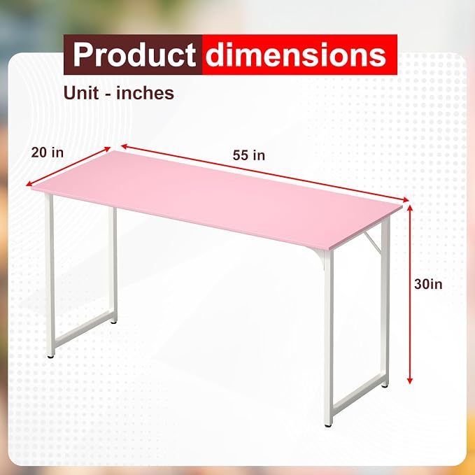 PayLessHere | 55 Inch Computer Desk | Pink | Office Desk with Metal Frame, Adjustable Feet | Water-Resistant, Scratchproof Surface | Sturdy Writing Table for Home Office or Study | Pack of 1 - Image 3