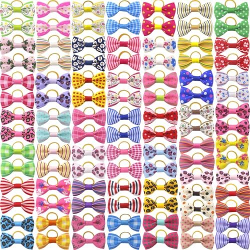 QingHan Puppy Dog Hair Bows: 2 inches with Rubber Bands Small Pet Grooming Girl Doggy Accessories 100pcs (50 Pairs) by QingHan