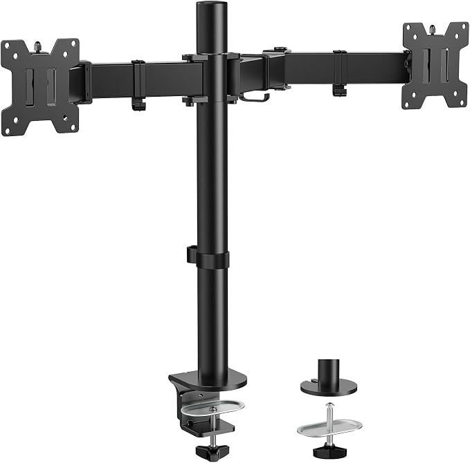 HUANUO Dual Monitor Mount for 13-32 Inch Screens, 17.6 lbs per Arm | Dual screen setup, tilt, swivel, rotation, 16.3 inch pole, cable clips, C-clamp or grommet, VESA 75x75/100x100mm by HUANUO