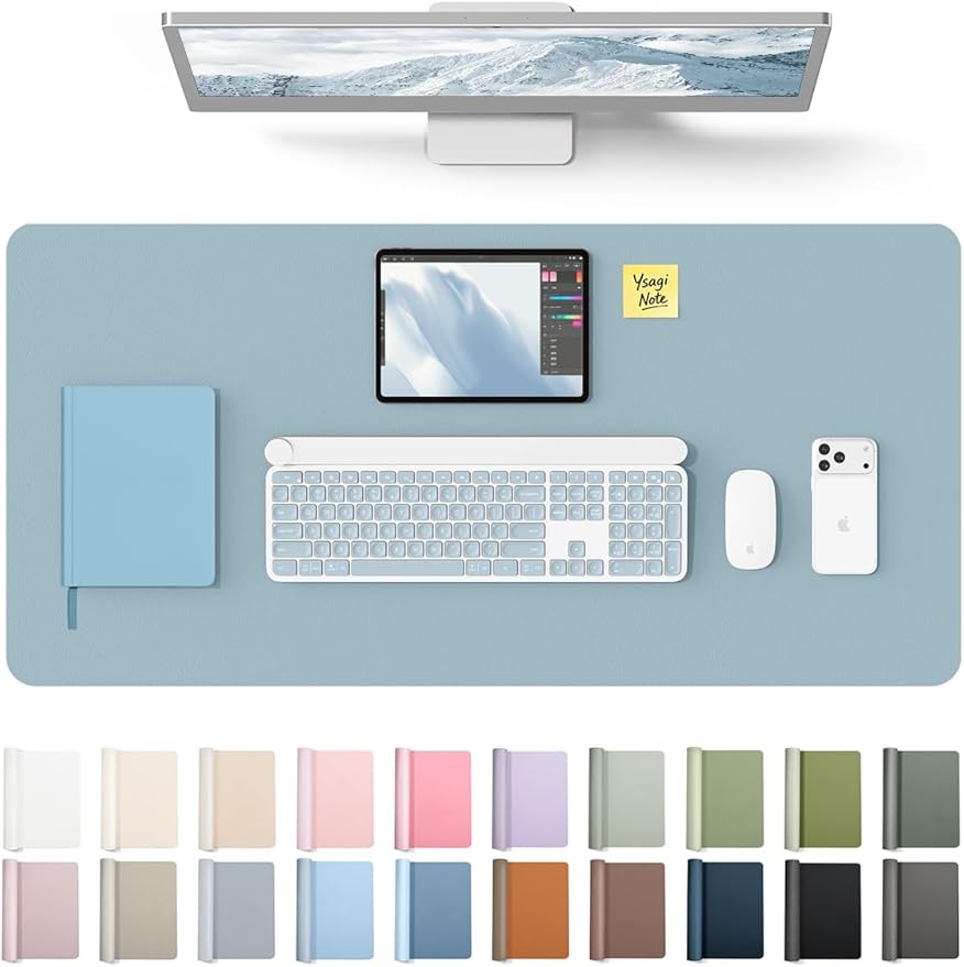 YSAGi Leather Desk Protector, Office Mat, Large Mouse Mat, Non-Slip PU Leather Blotter, Laptop Pad, Waterproof Writing Pad for Office and Home (Ice Blue, 35.4" x 17") by YSAGi