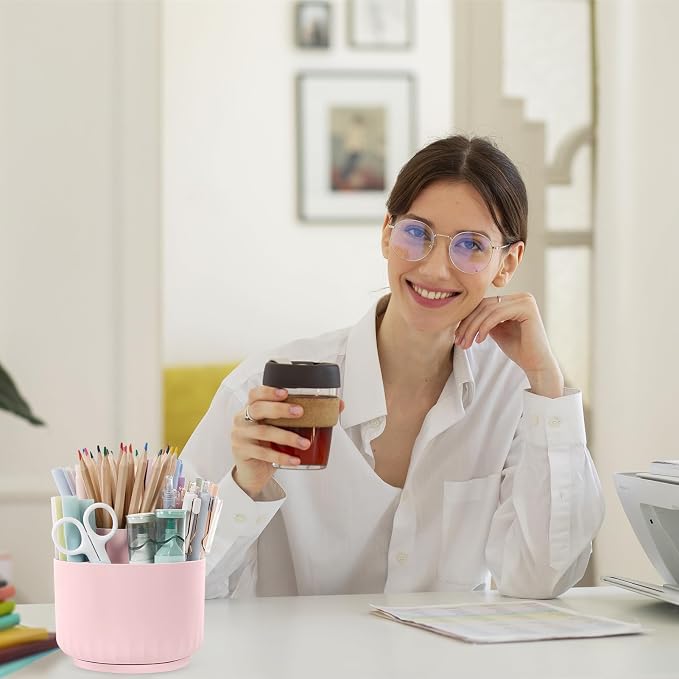 SKYDUE Makeup Organizer, Rotating Pencil Pen Holder for Desk, Dual-Purpose Desk Organizer for Cosmetics & Pens, Makeup Brush Holder with 5 Slots, Pencil Cup for Office, Home - Image 7