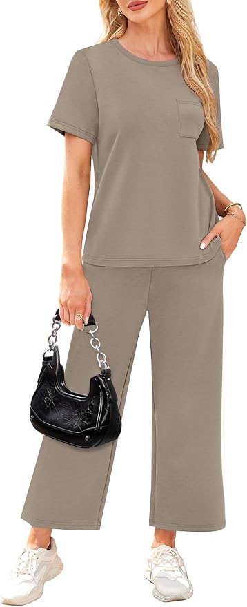 WIHOLL 2 Piece Sets for Women Casual Summer Travel Vacation Outfits Short Sleeve Wide Leg Crop Pants Lounge Sets - Image 4