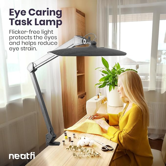 Neatfi XL 2200 Lumens 24W LED Desk Lamp – Shadow-Free Task Lighting | 4-Level Dimming | Home Office & Crafts Use | 20-Inch Wide Head (Gray Wood, Non-CCT with Clamp) - Image 2