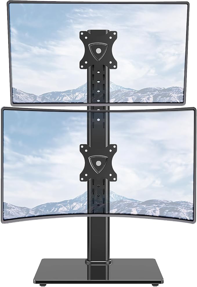 MOUNTUP Vertical Dual Monitor Stand, Stack Two Screens up to 32 inches,33 Lbs, Free-Standing Monitor Desk Mount, Monitor Riser with Swivel, Tilt, Height Adjustable, VESA Stand 100 x 100mm, 75 x 75mm by MOUNTUP