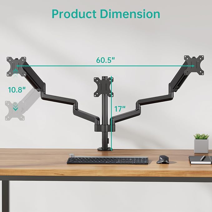 WALI Triple Monitor Mount for 13-32 inch Screens, up to 17.6 lbs per Arm | Adjustable 3 Monitor Desk Mount with Swivel, Tilt, Rotation, Triple Monitor Stand for Desk, VESA 75/100mm (GSDM003), Black - Image 3