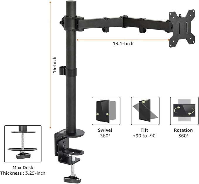Amazon Basics Single Computer Monitor Stand with Tilt and Rotation,Height Adjustable VESA Desk Arm Mount,Steel,30 inches,Black,(Pack of 6) - Image 4