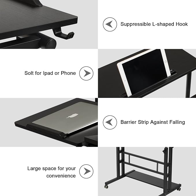 Hadulcet Stand Up Desk, Rolling Desk Adjustable Height, Mobile Standing Desk with Wheels & Charging Station, Portable Stand for Laptop, Rolling Computer Cart TV Tray, Small Standing Desk Drawing Table - Image 7