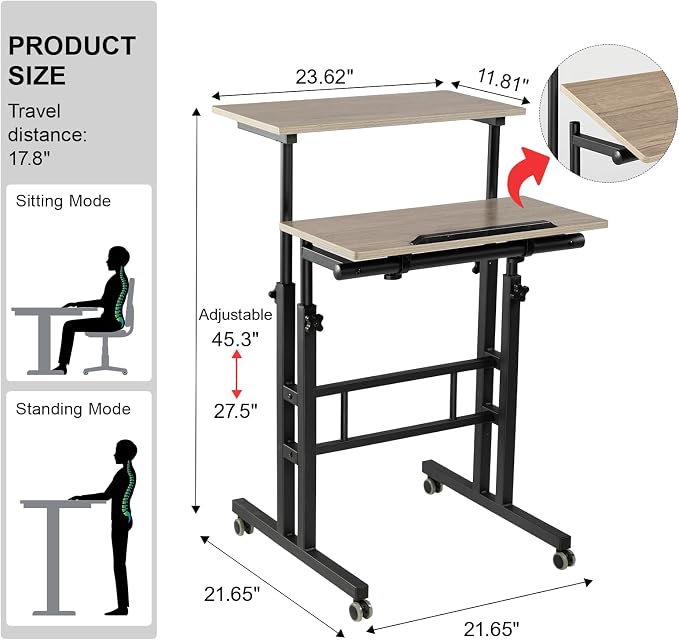 Hadulcet Mobile Standing Desk Adjustable Height with Charging Station | Standing Computer Desk, Standing Adjustable Laptop Cart with Wheels for Home Office Classroom Light Grey - Image 2