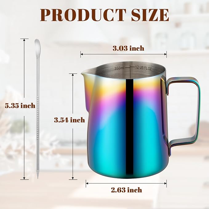 Amrules Milk Frothing Pitcher, 12 oz Milk Frother Cup with Clear Scale, 304 Stainless Steel Cappuccino Espresso Machine Accessories for Barista Coffee Bar with Latte Art Pen, Multicolor - Image 2