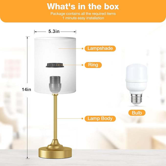 Fenmzee Gold Nightstand Bedroom Lamp - 3 Way Dimmable Bedside Lamp, Small Table Lamp Linen Lampshade for Office Desk, LED Bulb Included - Image 4
