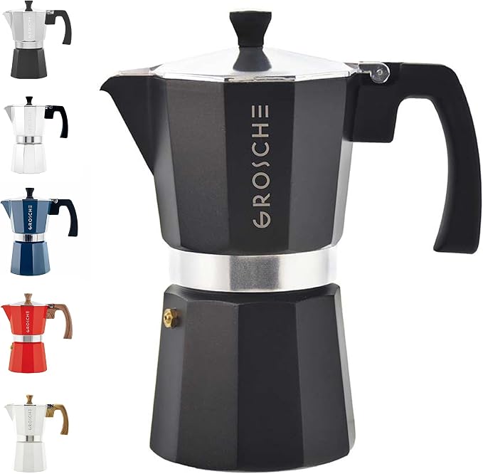 GROSCHE Milano Stovetop Espresso Maker Moka Pot 6 espresso Cup, 9.3oz Black | Cuban Coffee Maker And Italian Moka Pot For Stovetop Espresso; For Gas, Electric, And Propane Stoves With A Soft-Touch Handle by GROSCHE