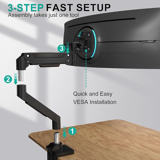 WALI Heavy Duty Single Monitor Arm for 13-49 inch 1000R Curved Screens, up to 44 Lbs, Adjustable Single Monitor Desk Mount with C-Clamp, Grommet Base, 75/100mm VESA Mount (GSM001XL), Black - Image 6