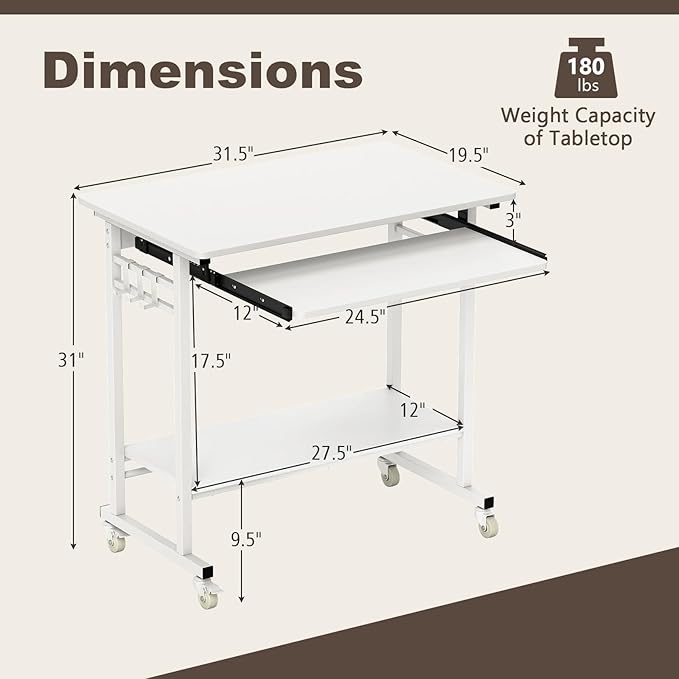 Tangkula Rolling Computer Desk Cart with Keyboard Tray, Mobile Portable Laptop PC Desk with CPU Stand & 3 Hooks for Sofa & Bed, Compact Small Desk on Wheels for Small Spaces (White) - Image 3