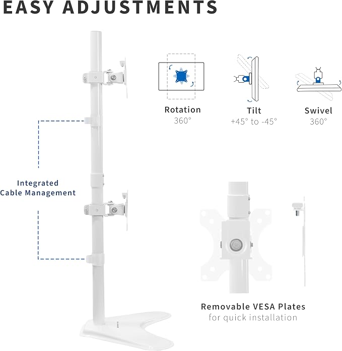 VIVO Dual Monitor Desk Stand Free-Standing LCD Mount, Holds in Stacked Vertical Position 2 Ultrawide Screens up to 34 inches, White, STAND-V002LW - Image 4
