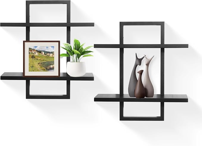 PHOENANCEE Floating Shelves for Wall,Display Hanging Shelf Set of 2,Modern Decorative Plants Shelves,Wood Home Decor Storage Chic for Living Room Bedroom Bathroom Office,Oak Frame,2-Tier Black by PHOENANCEE