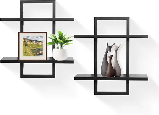 PHOENANCEE Floating Shelves for Wall,Display Hanging Shelf Set of 2,Modern Decorative Plants Shelves,Wood Home Decor Storage Chic for Living Room Bedroom Bathroom Office,Oak Frame,2-Tier Black by PHOENANCEE
