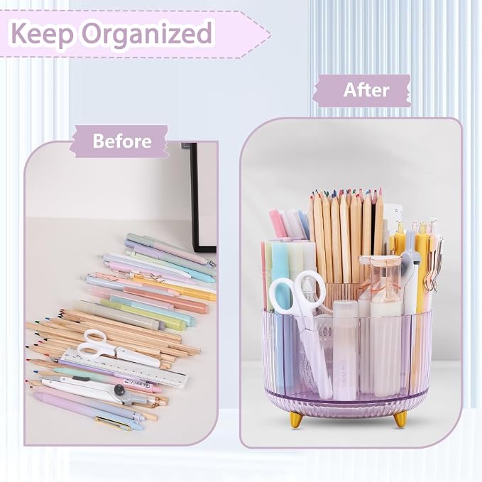 SKYDUE Rotating Pencil Pen Holder, Pen Organizer with 5 Slots - Aesthetic Desk Organizer and Accessories for School, Home, Office Supplies - Image 6