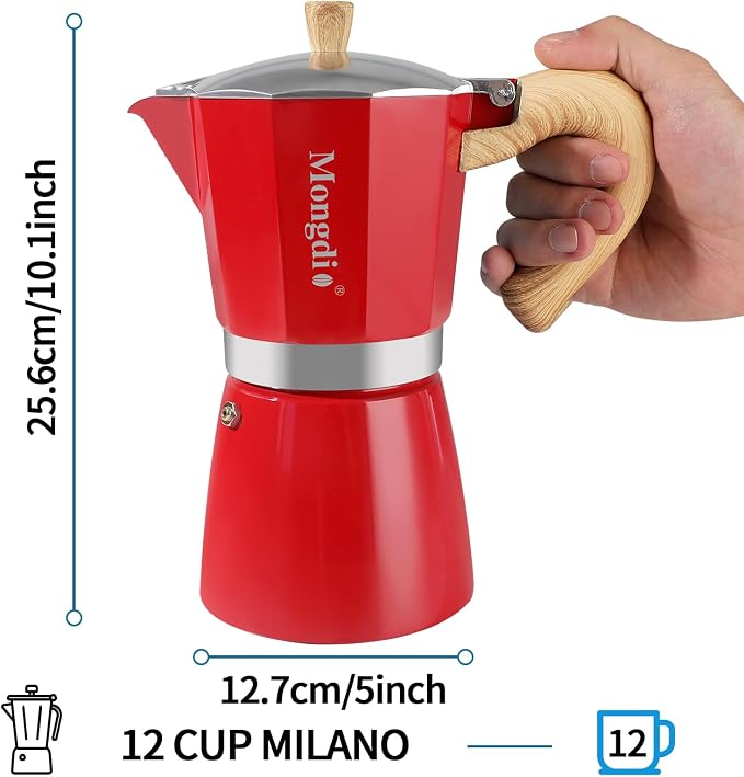 Mongdio Stovetop Espresso Maker Moka Pot, Cuban Coffee Maker Stove top coffee maker Moka Italian Espresso Greca Coffee Maker Brewer Percolator, 12 Espresso Cups, 20 oz - Red - Image 5
