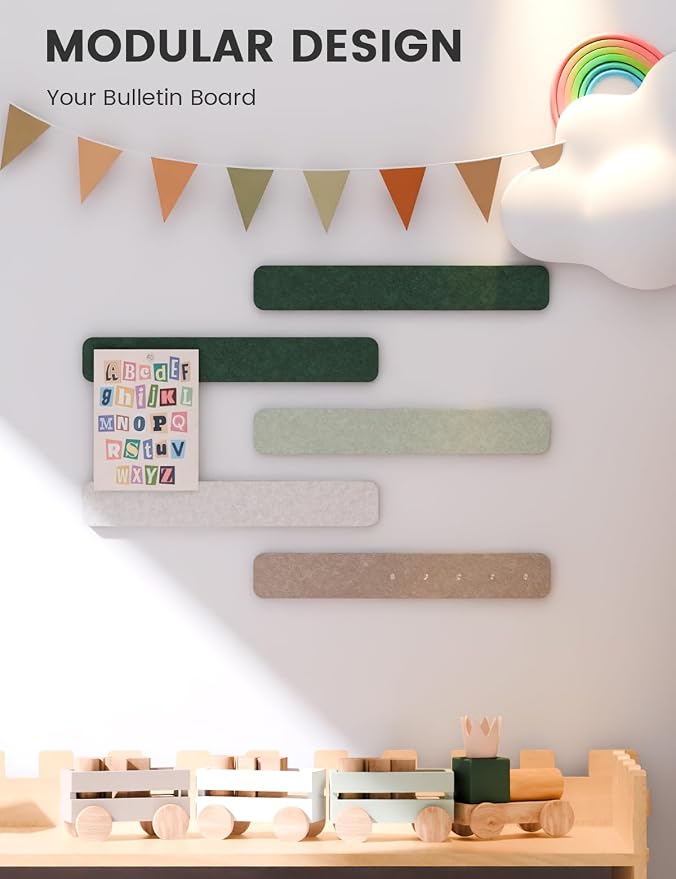 Fluxynara 13" x 2" Felt Wall Panels, Nordic Moss | 5-Pack Cork Board Alternative with 35 Push Pins, Adhesive Mounting for Bedroom Door or Home Office - Image 5