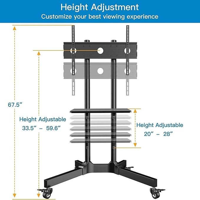 PERLESMITH Rolling TV Stand with Lockable Wheels for 32-86 Inch TVs Holds up to 132 Lbs, Height Adjustable Mobile TV Stand on Wheels with Laptop Shelf, Rolling Tv Cart Max VESA 600x400mm PSTVMC01 - Image 3
