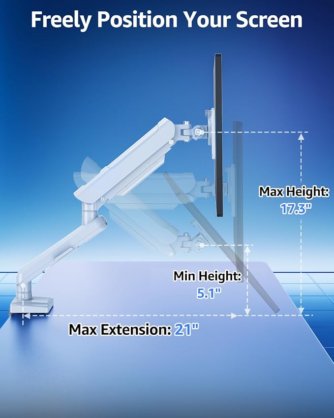 Single Monitor Mount for 32 27 24 22 inch Screen, Monitor Arm Holds 4.4-22 lbs, Monitor Desk Mount, Gaming & Home Office Use, VESA 75x75mm & 100x100mm, Freelift Pro White - Image 6