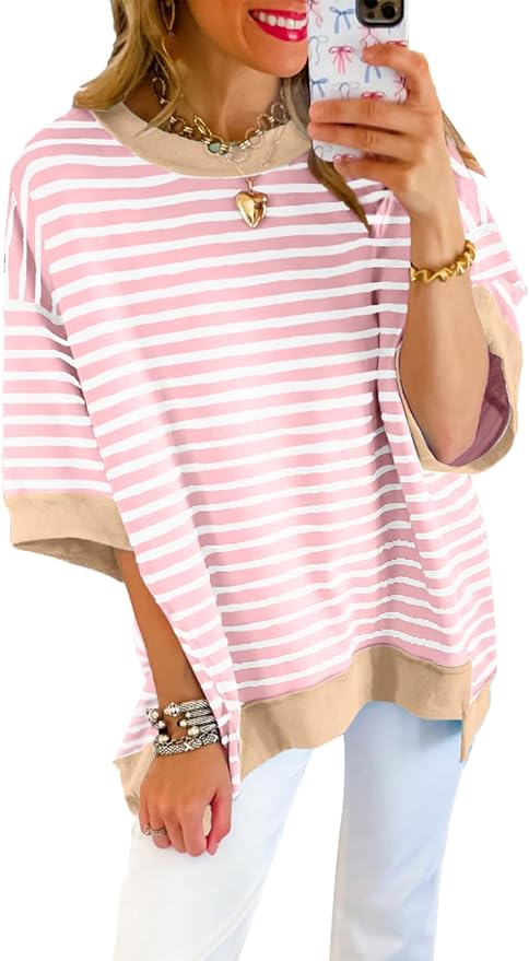 SHEWIN Womens Tops Casual Short Sleeve Sweatshirt Crewneck Striped Shirt Pullover T Shirts Loose Blouses by SHEWINBeYourFashionStylist
