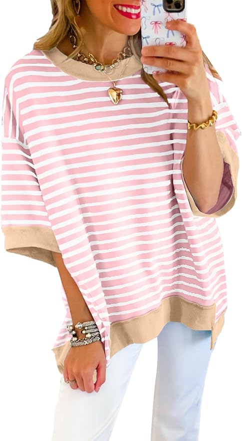 SHEWIN Womens Tops Casual Short Sleeve Sweatshirt Crewneck Striped Shirt Pullover T Shirts Loose Blouses by SHEWINBeYourFashionStylist