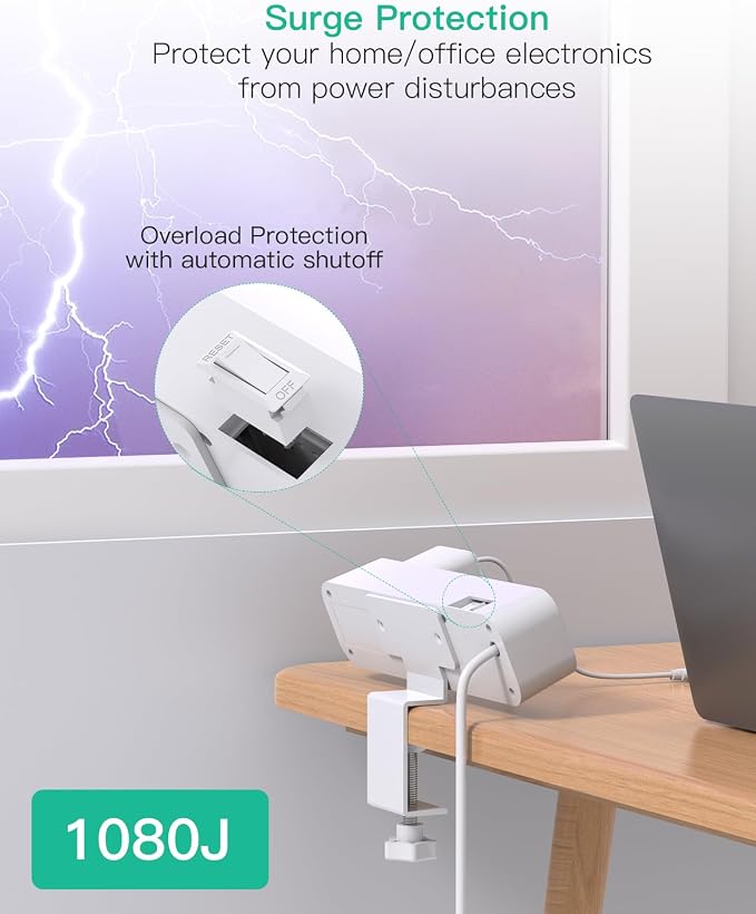 Mifaso PD40W USB C Desk Clamp Power Strip, 1080J Surge Protector | 4 Outlets, 4 USB (2 USBC), 5FT Extension Cord, Desk Organizer Gaming Accessories Home Office Essentials, Fits 1.96" Edge - Image 7