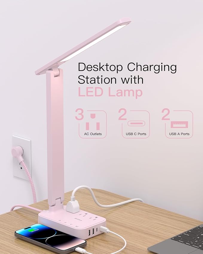 Addtam LED Desk Lamp, Power Strip with 3 Outlets 4 USB Charging Ports(2 USBC), 4 Modes 5 Level Brightness Touch Lamp, Small Desk Lamp for Home Office College Dorm Room Essentials, Pink - Image 2