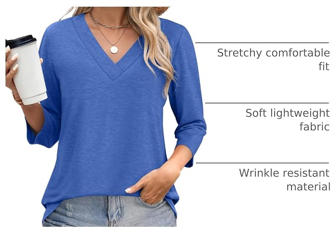 WIHOLL Womens Tops 3/4 Length Sleeve V Neck Casual Tunic Tops Basic Shirts Loose Fit Blouse - Image 4