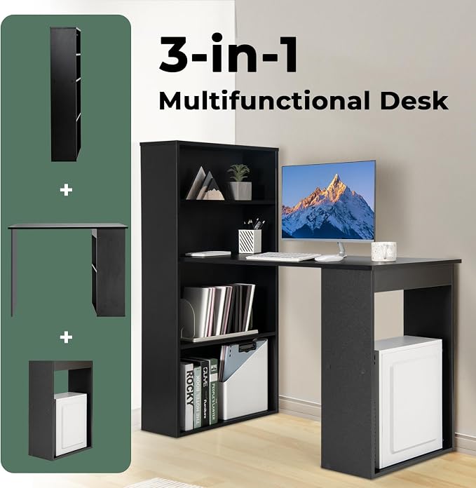 Giantex 48 Inch Computer Desk with Bookshelf, 3-in-1 Home Office Desk with 4-Tier Bookcase & CPU Stand, Space-Saving Reversible Writing Desk Work Table for Bedroom, Study Room, Office (Black) - Image 5