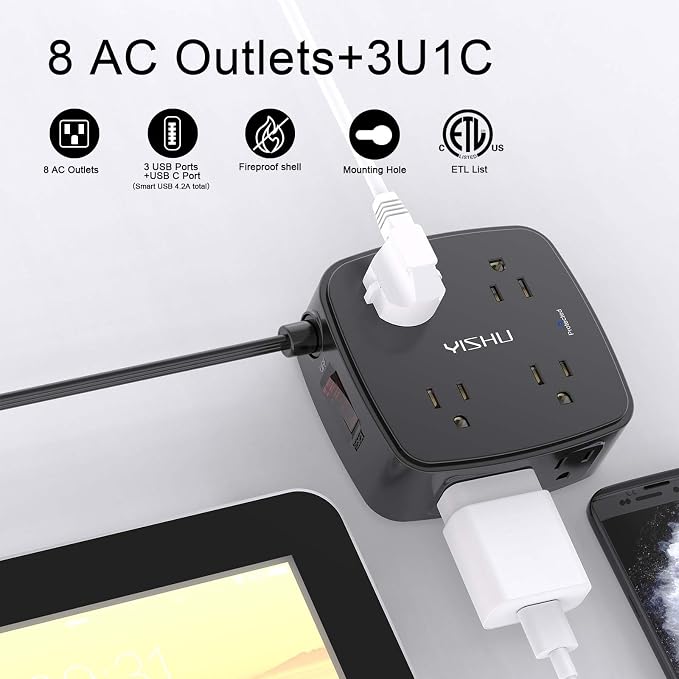 10 Ft Surge Protector Power Strip - YISHU 8 Widely Outlets with 4 USB Ports, 3 Side Outlet Extender with 10 Feet Flat Extension Cord, Ultra Flat Plug, Wall Mount, Desk USB Charging Station, ETL, Black - Image 2