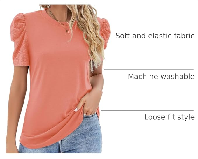 Ivicoer Puff Short Sleeve Shirt for Women Eyelet Tops Summer Crewneck Blouse Loose Fit S-XXL - Image 4