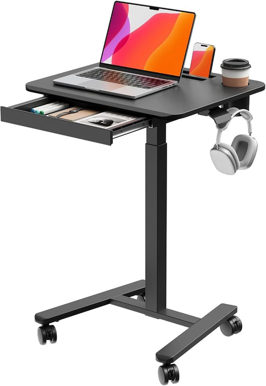 Small Mobile Standing Desk with Drawer, 23.6" x 19.7" Top | Height Adjustable Rolling Teacher Desk with Cup Holder and Hooks, Portable Workstation on Wheels for Classroom & Study, Black by JYLHJOYSEEKER