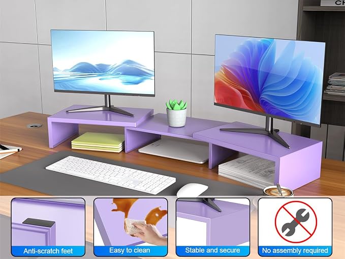 Dual Monitor Stand for Desk, Metal Monitor Riser, Purple Office Supplies Desk Accessories (Purple) - Image 6