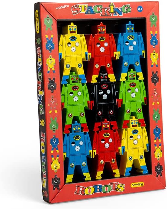 Schylling Stacking Robots - Colorful Wooden Stacking Toy for Kids - 9 pcs. Fun Puzzle for Balancing and Imaginative Play - Ages 3 and Up - Image 4