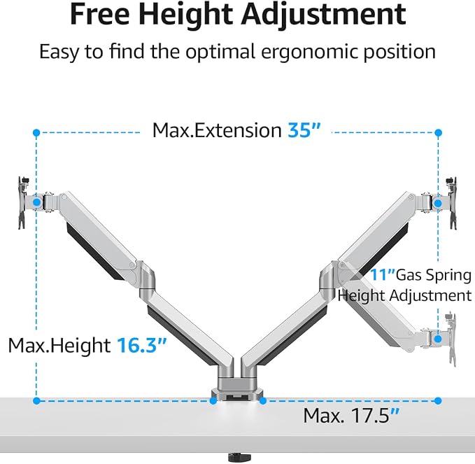 MOUNTUP Dual Monitor Desk Mount, Die-Cast Aluminum Fully Adjustable Double Monitor Arm, Computer Monitor Stand Fits 2 Screen 17 to 32 inch - Each Arm Holds 4.4-19.8LBS - Image 4