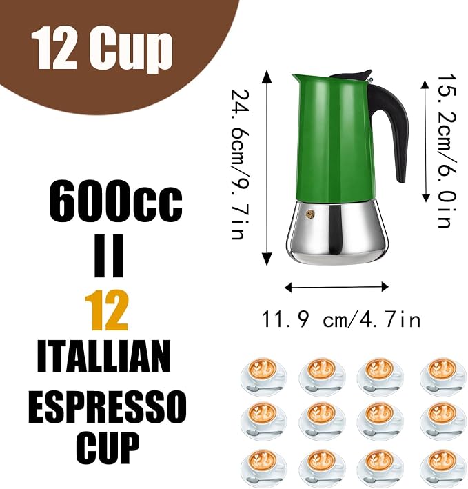 12 Cup Stovetop Espresso Maker Stainless Steel Moka Pot Stove Top Percolator Italian Coffee Makers Capable Mocha Greca Machine Cafe Classic Induction Cookers for Home and Camping 600ml 20oz - Image 3