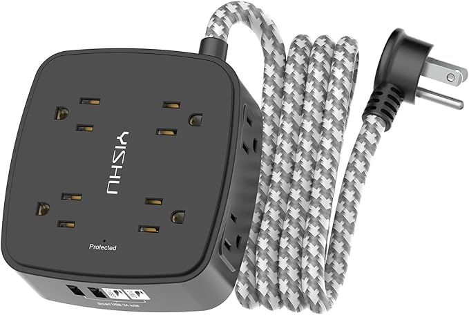 Surge Protector Power Strip - YISHU 8 Outlets with 4 USB (2 USB C) Charging Ports, 6Ft Braided Extension Cord, Flat Plug Multi Plug Outlet Extender Charging Station for Home Office, ETL, Black by YISHU