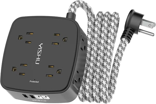 Surge Protector Power Strip - YISHU 8 Outlets with 4 USB (2 USB C) Charging Ports, 6Ft Braided Extension Cord, Flat Plug Multi Plug Outlet Extender Charging Station for Home Office, ETL, Black by YISHU