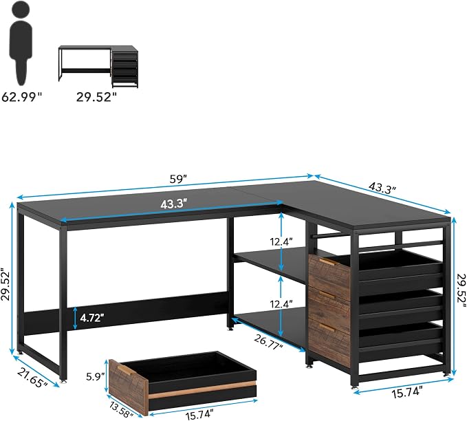 Tribesigns L Shaped Computer Desk with Storage Drawers, 59 inch Corner Desk with Shelves, Reversible L-Shaped Office Desk Study Writing Table Workstation for Home Office, Black - Image 2