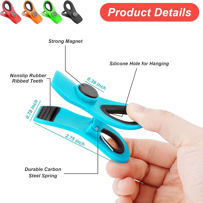 JETMORE 20 Pack Chip Clips, Food Clips, Magnetic Bag Clip for Chips, Snack | Built-in magnets add fridge-side storage, heavy-duty chip clips seal snacks, while kitchen clips keep pantry bags organized - Image 7