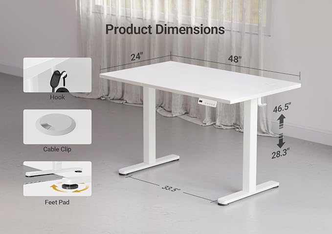 YDN 48 x 24 Inch Warm White Electric Standing Desk | Adjustable Height, Sit Stand, Cable Management, Ergonomic, Home Office - Image 3
