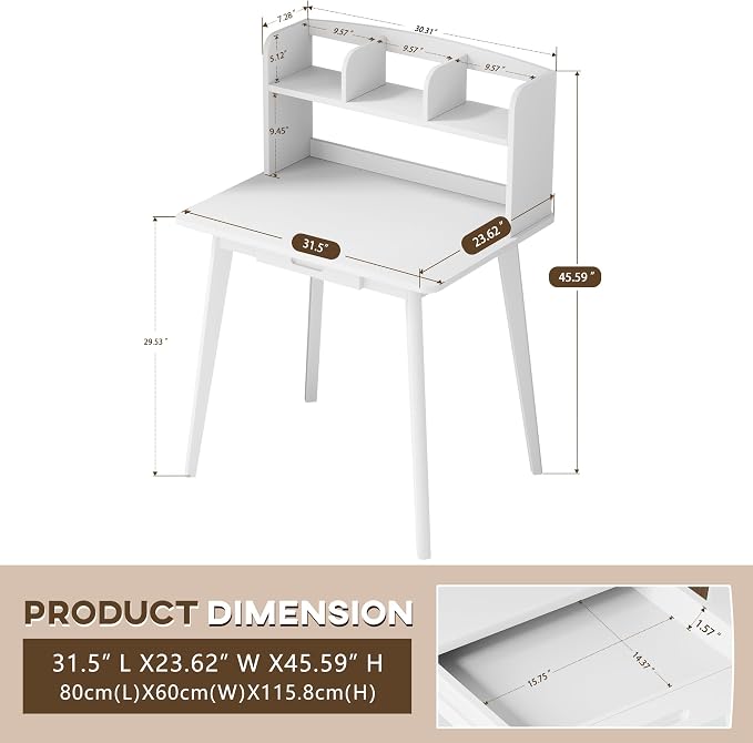IOTXY Small Writing Desk with Hutch - 31.5" Work Computer Study Table | White , Storage Drawer, Space-saving for Home and Office, with Bookshelves - Image 2
