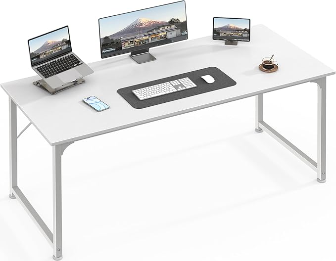 Huuger Computer Desk, 55 Inch Home Office Desk, Gaming Writing Work from Home Study Desk, Large Legroom, Sturdy Metal Frame, Modern Simple, White by Huuger