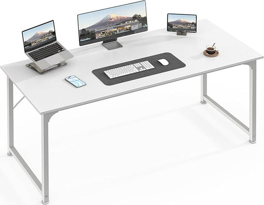 Huuger Computer Desk, 55 Inch Home Office Desk, Gaming Writing Work from Home Study Desk, Large Legroom, Sturdy Metal Frame, Modern Simple, White by Huuger